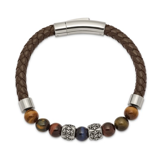 Mens Brown Leather & Beaded Bracelet