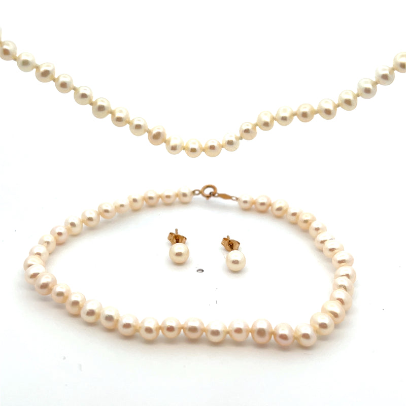 14K YG Freshwater Pearl Necklace, Bracelet & Earrings Set