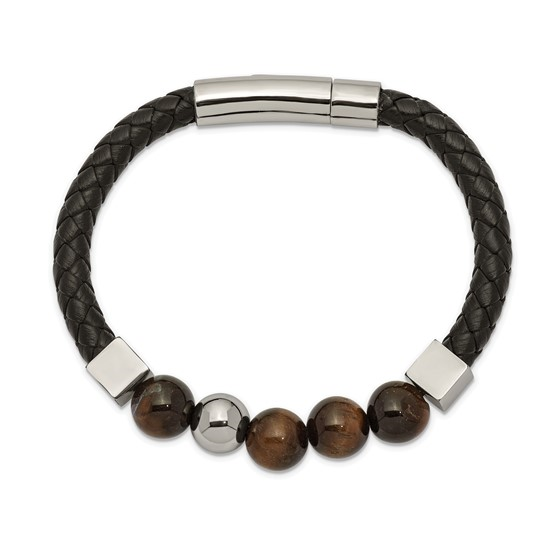 Mens Black Leather & Beaded Bracelet