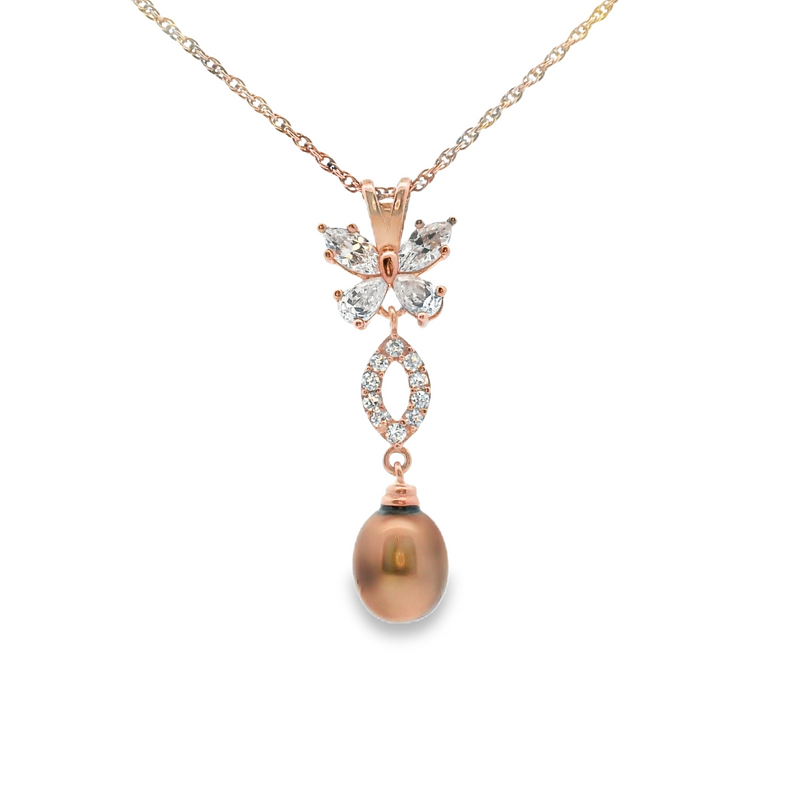 Rose Gold Plated Sterling Silver Brown Pearl & CZ Pendant