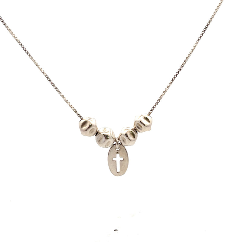 Sterling Silver Cross Necklace with Hammered Beads