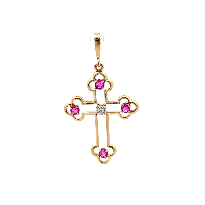 14K YG Ruby & Diamond Cross