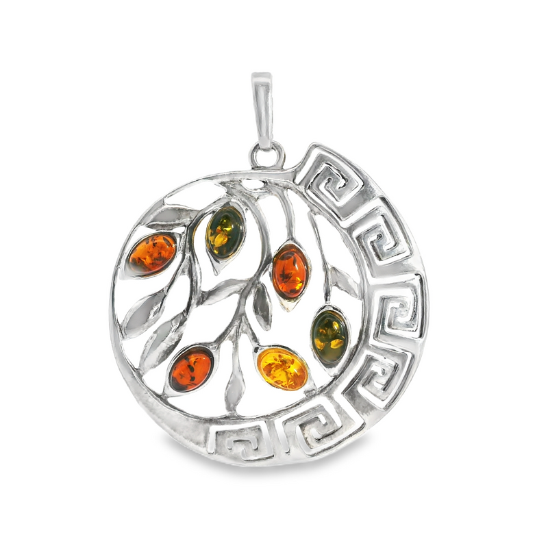 Sterling Silver Amber Greek Key Pendant