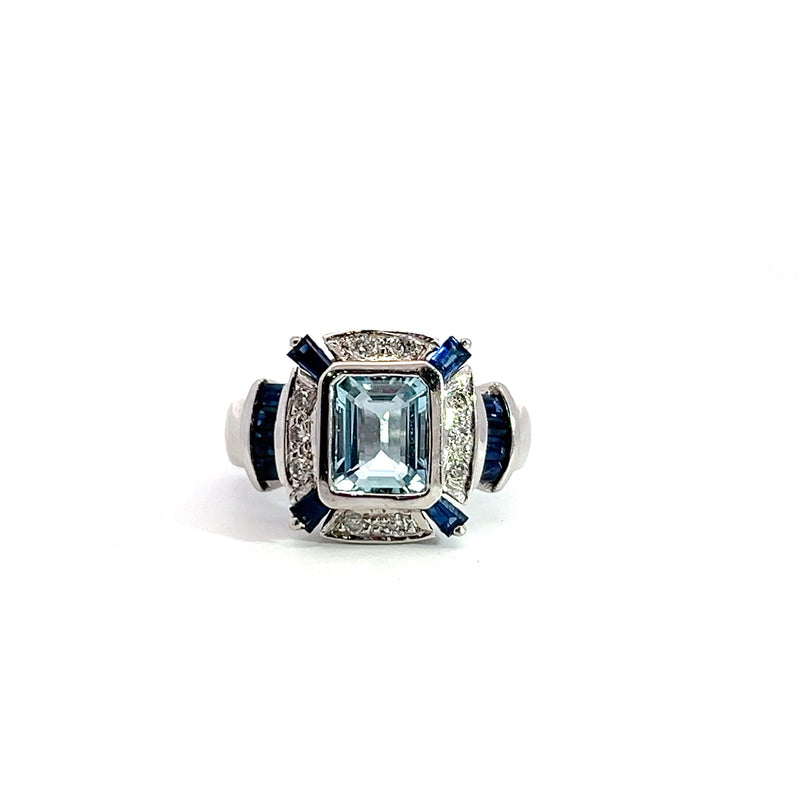 14K WG Aquamarine, Diamond & Sapphire Ring