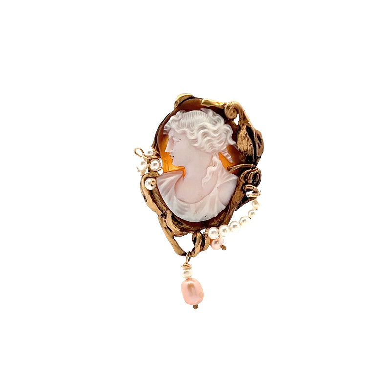 14K Vintage Cameo & Pearl Pendant/Pin