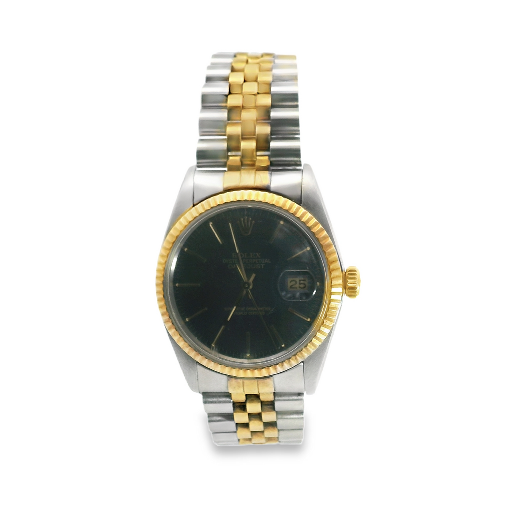 Rolex Mens Datejust 18K Yellow Gold Steel 2 Tone Blue Dial 16013 Watch