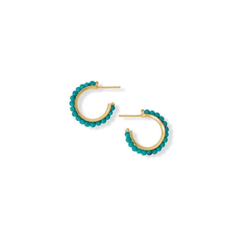 14 Karat Gold Plated Beaded Turquoise 3/4 Hoop Earrings