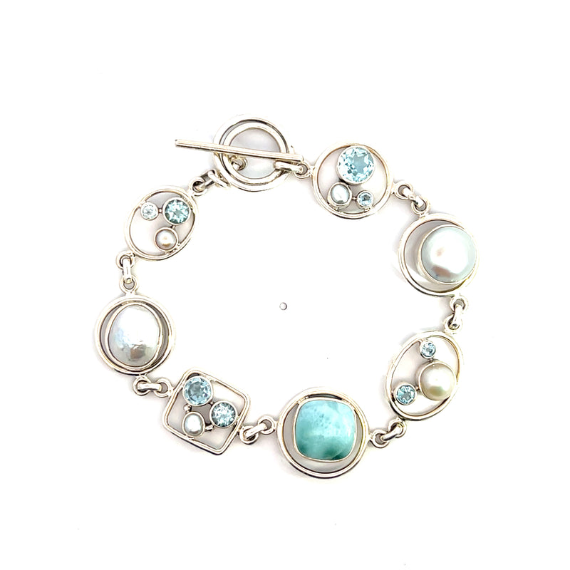 Sterling Silver Pearl, Larimar & Blue Topaz Bracelet