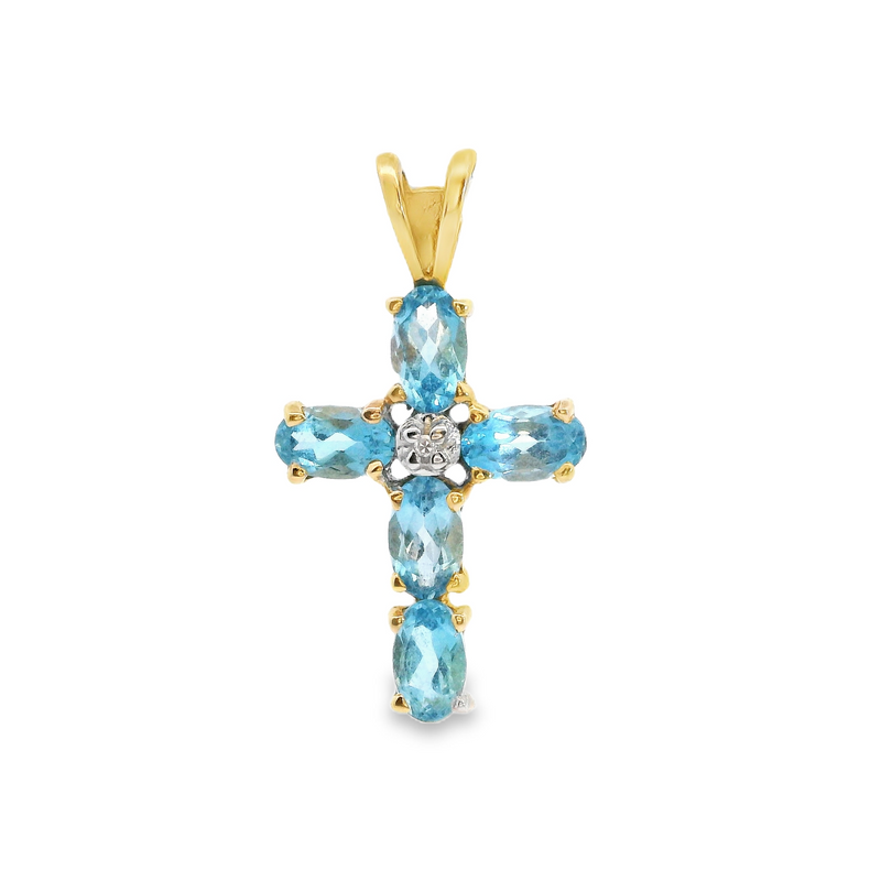 10K YG Blue Topaz Diamond Cross Pendant