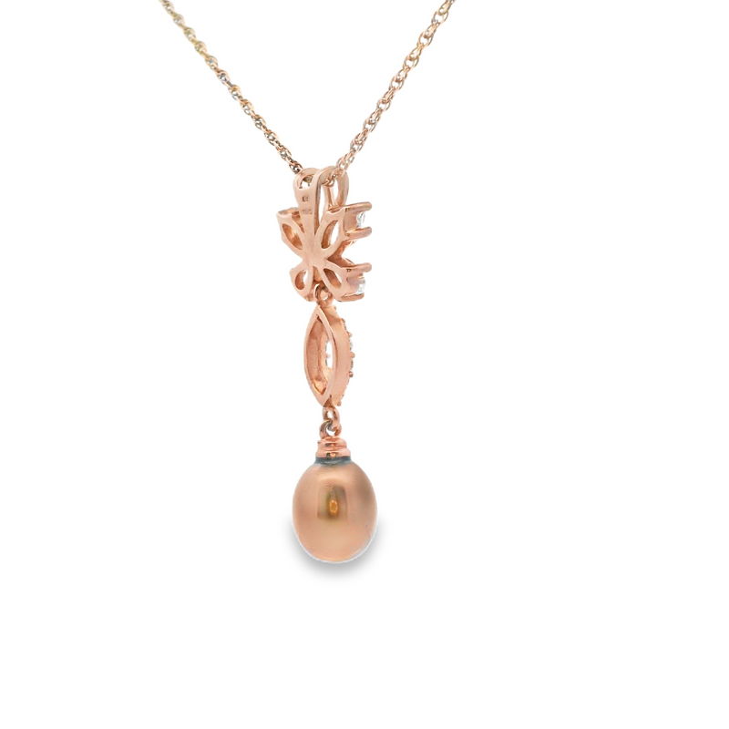 Rose Gold Plated Sterling Silver Brown Pearl & CZ Pendant