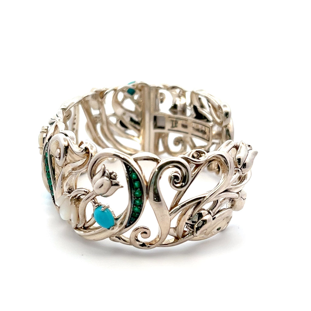 Sterling Silver White Mother of Pearl, Turquoise & Green Agate Bracelet