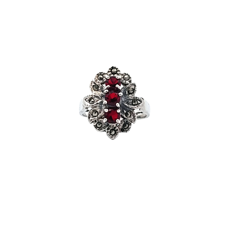 Sterling Silver Red Stone & Marcasite Ring
