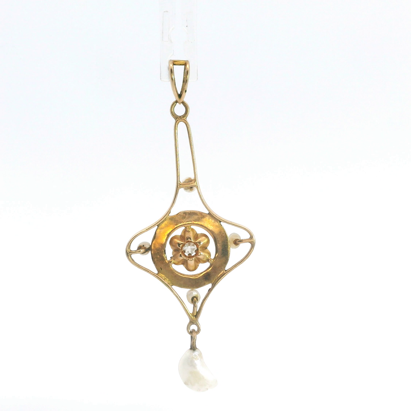 10K YG Pearl, Diamond & Enamel Vintage Pendant