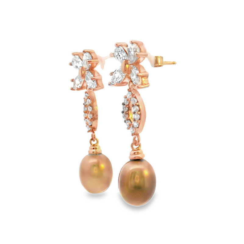 Rose Gold Plated Sterling Silver Brown Pearl & CZ Earrings