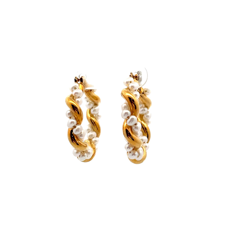 14K YG Twisted Pearl Hoop Earrings