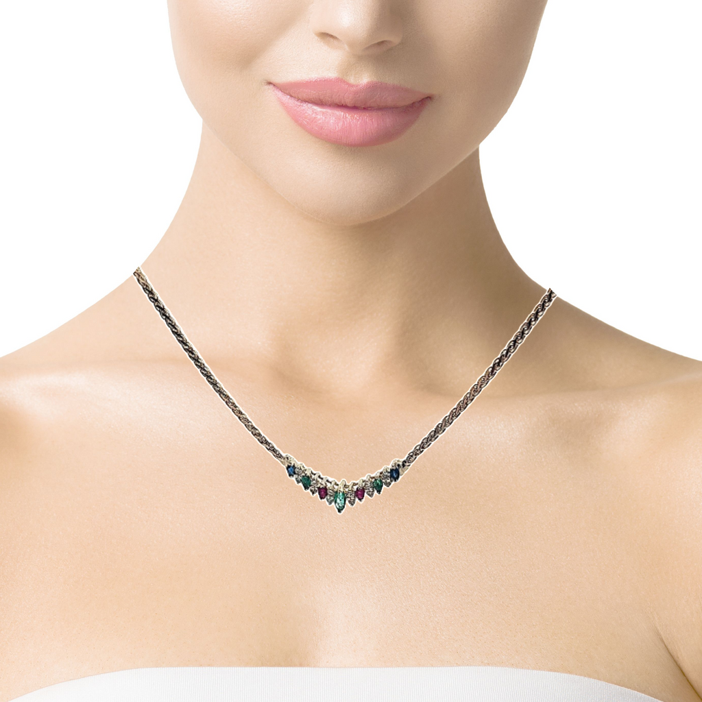 14K YG Ruby, Emerald & Sapphire Diamond Necklace.