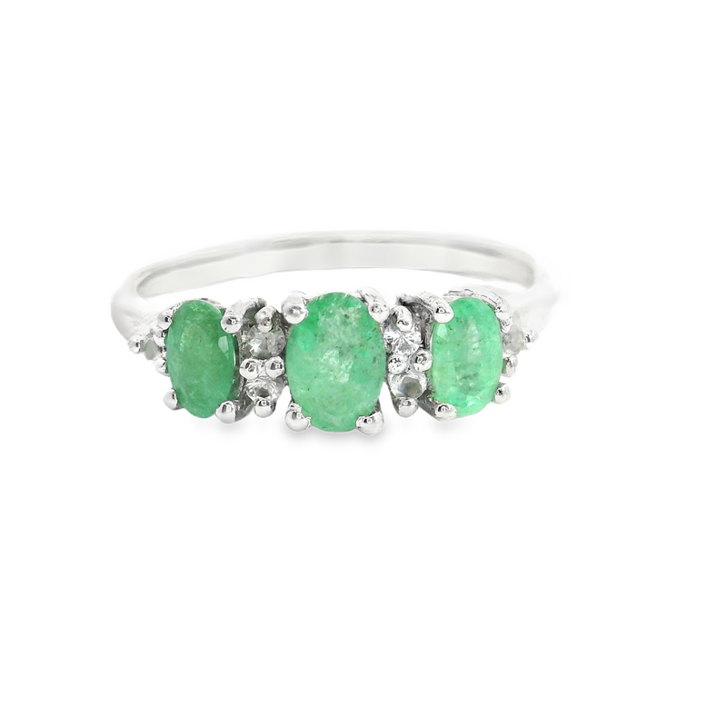 Sterling Silver Emerald & Diamond Ring
