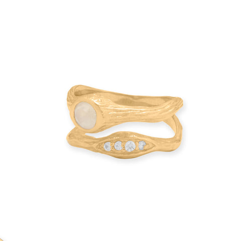 14 Karat Gold Plated Rainbow Moonstone CZ Ring