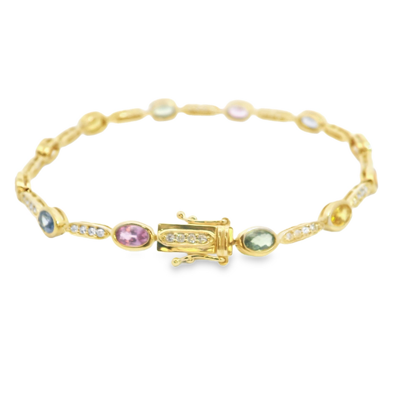 14K YG Rainbow Sapphire & Diamond Tennis Bracelet