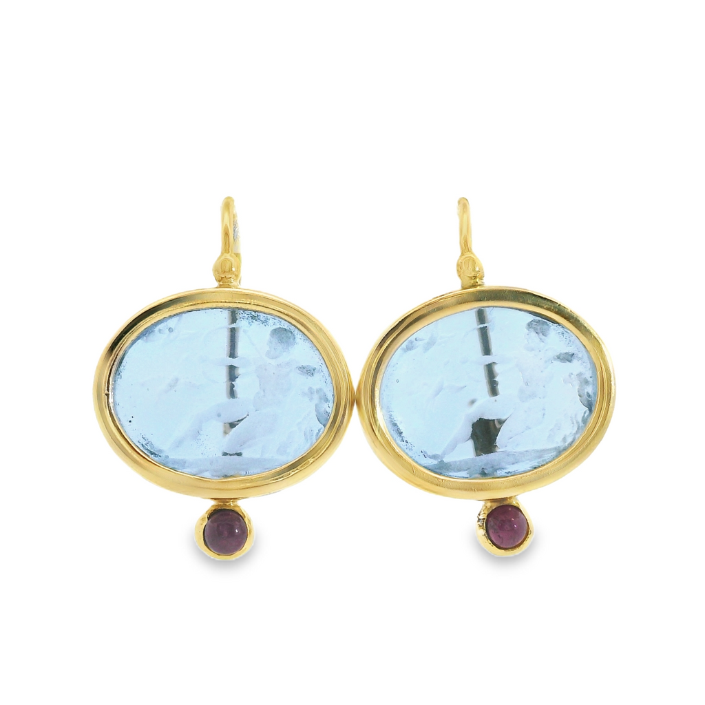 14K YG Carved Glass & Ruby Earrings