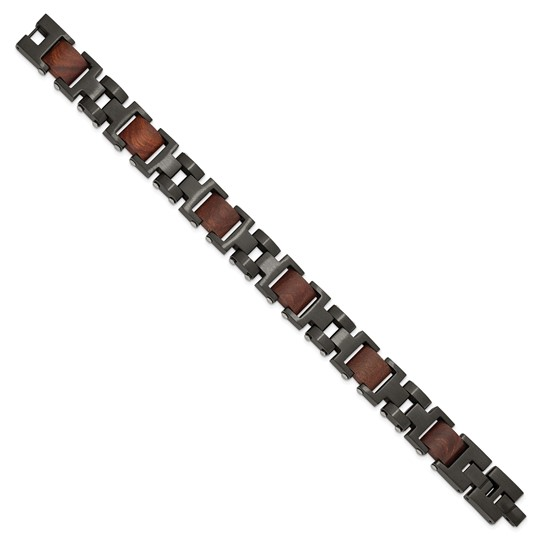 Black Plated Stainless & Wood Inlay Bracelet