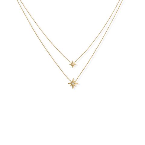 14 Karat Gold Plated Two Strand CZ Star Necklace