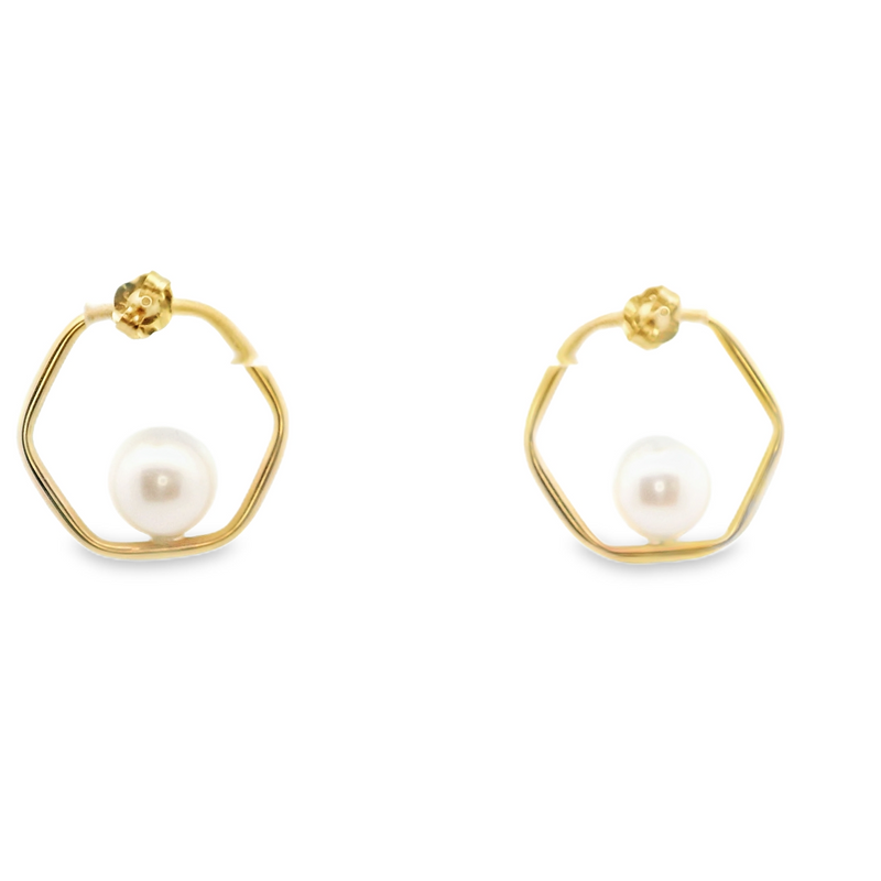 14K YG Geometric Pearl Studs