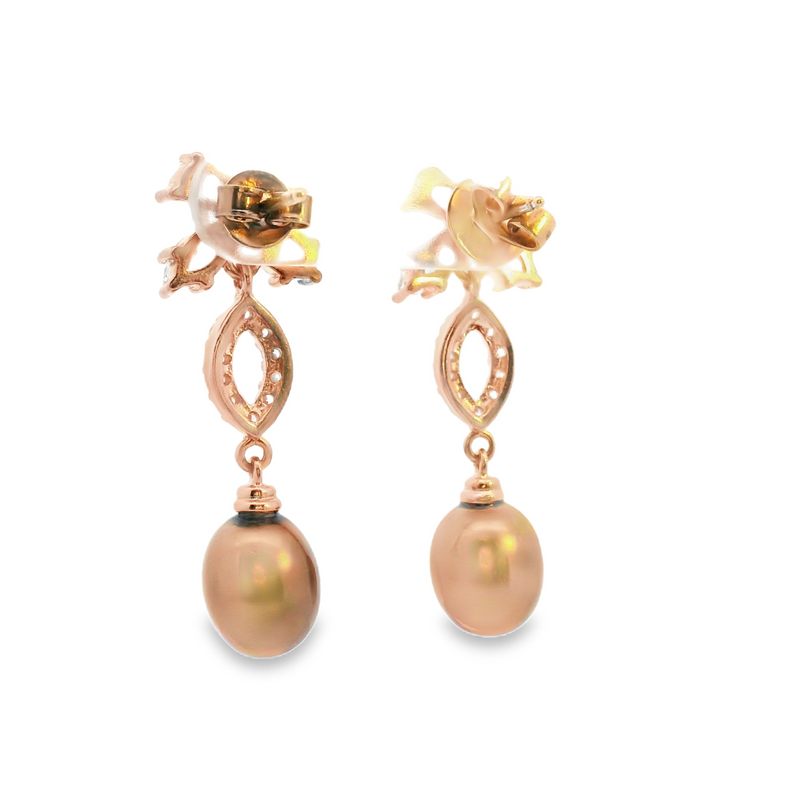 Rose Gold Plated Sterling Silver Brown Pearl & CZ Earrings