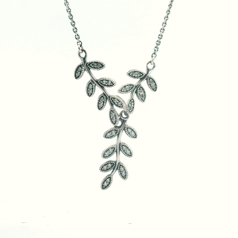 Pandora Sterling Silver Leaf & CZ Necklace 16"