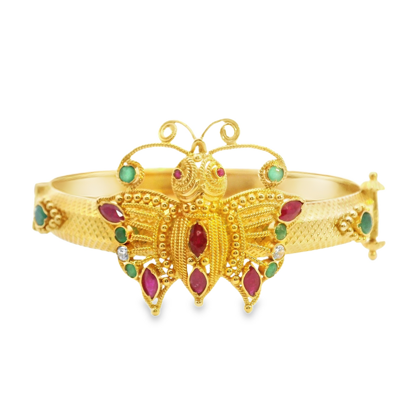22K Ruby Emerald & Diamond Butterfly Bangle Bracelet
