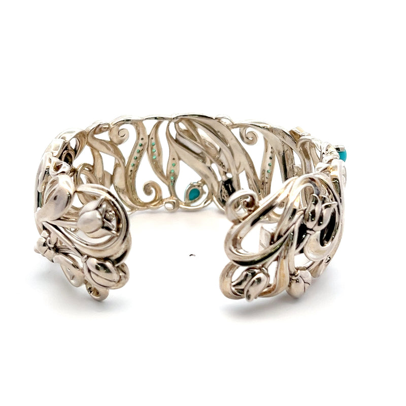 Sterling Silver White Mother of Pearl, Turquoise & Green Agate Bracelet