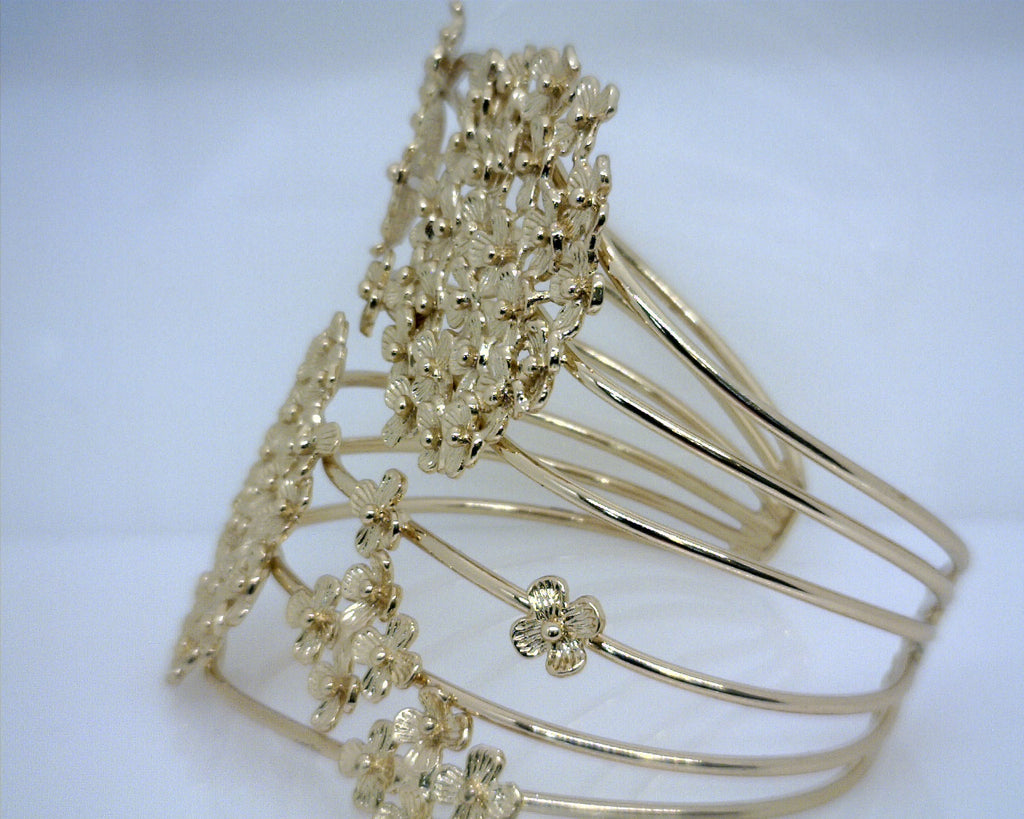 18K YG Plate Wide Multi Row Flower Cuff