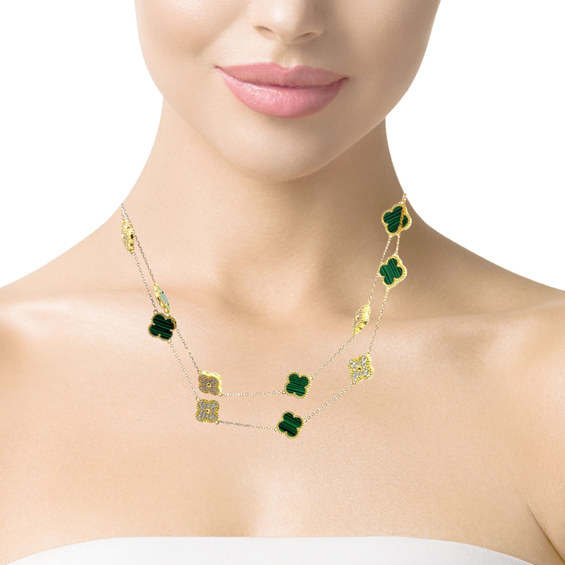 Gold Plated Malachite & CZ Clover Station Necklace