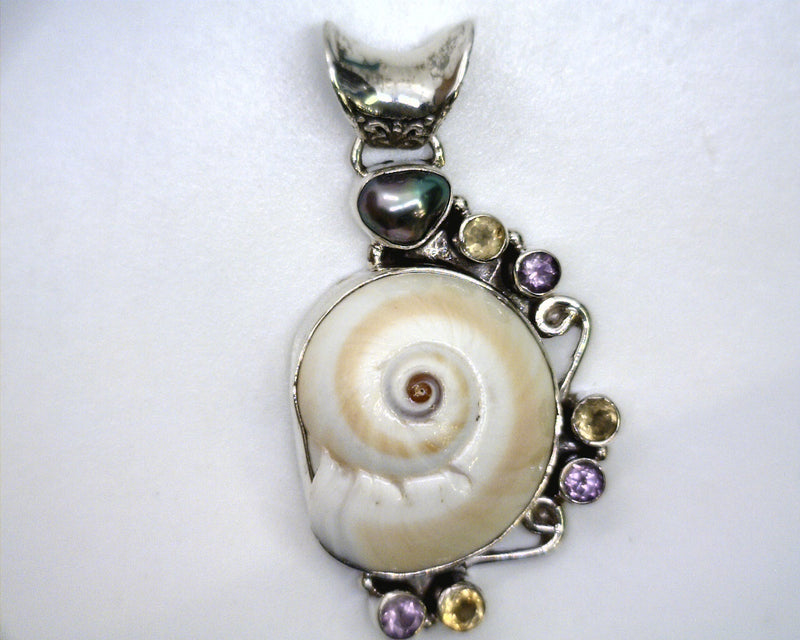 Sterling Silver Pearl, Shell, Citrine & Amethyst Pendant