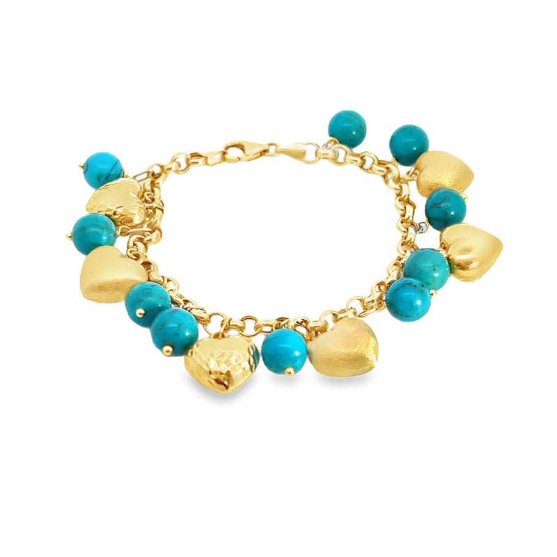14K YG Turquoise & Heart Charm Bracelet