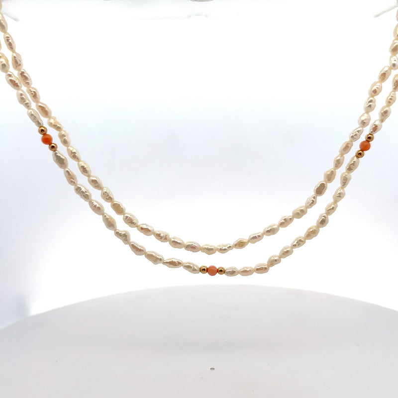 14K YG Keshi Pearl, Coral  & Gold Bead Necklace