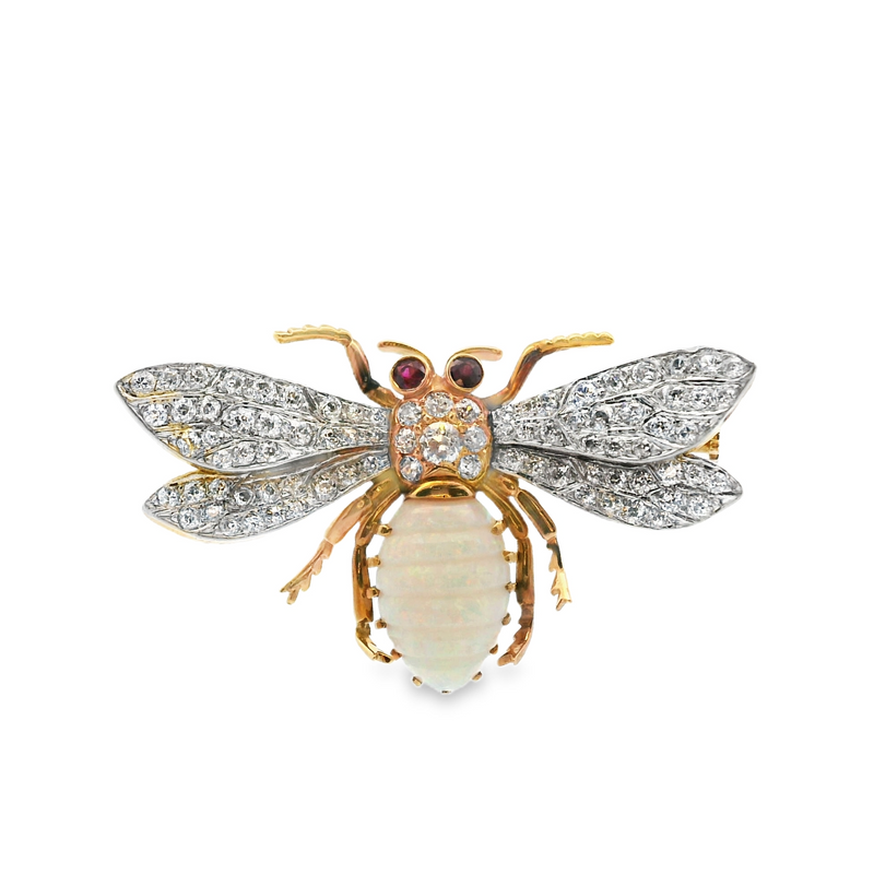 18K YG Opal, Diamond & Ruby Bee Brooch