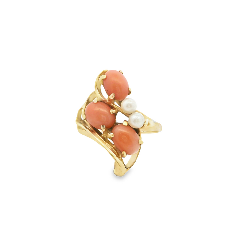 14K YG Coral & Pearl Ring