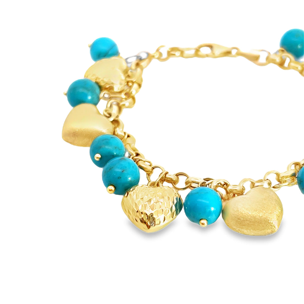 14K YG Turquoise & Heart Charm Bracelet