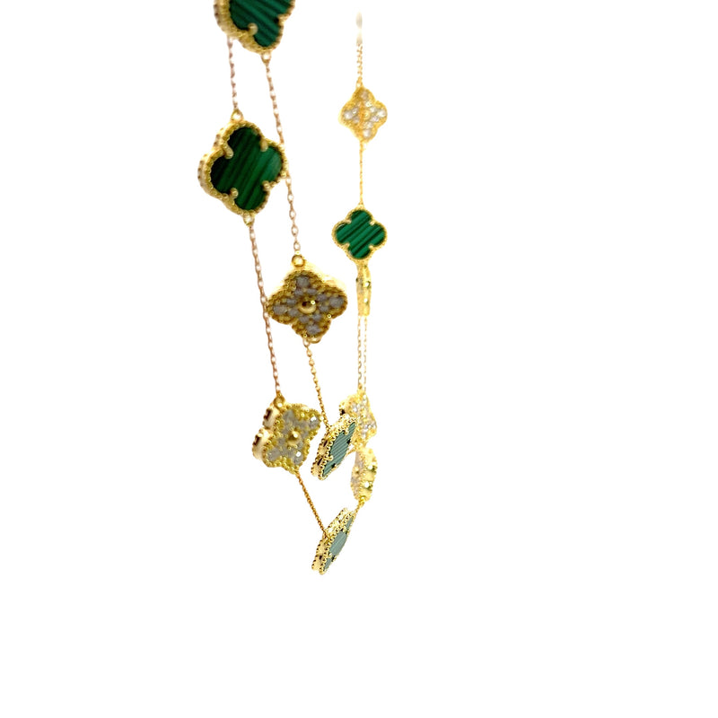 Gold Plated Malachite & CZ Clover Station Necklace