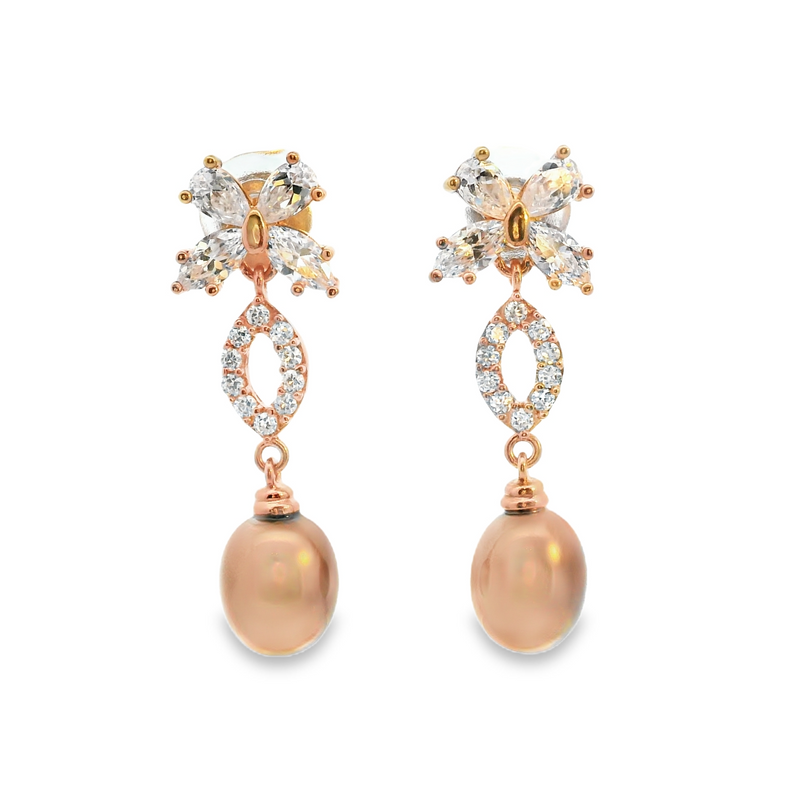 Rose Gold Plated Sterling Silver Brown Pearl & CZ Earrings