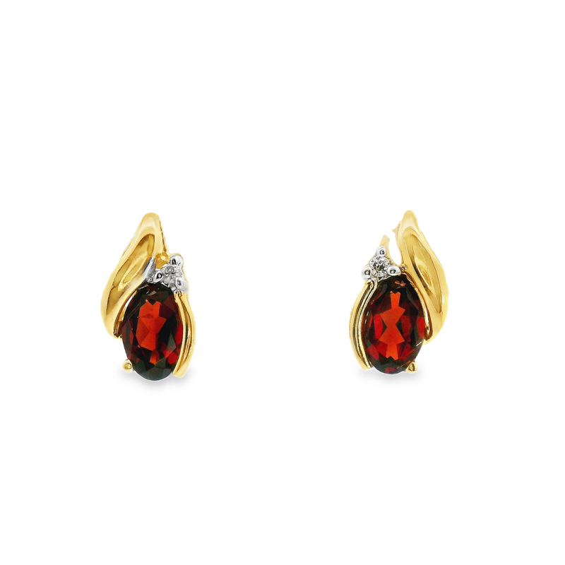 14K YG Garnet & Diamond Stud Earrings
