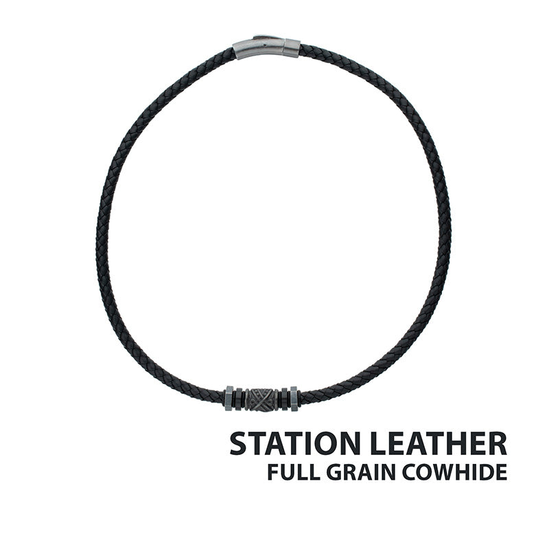 Black Full Grain Cowhide Leather Braided Necklace with Gun Metal Beads
