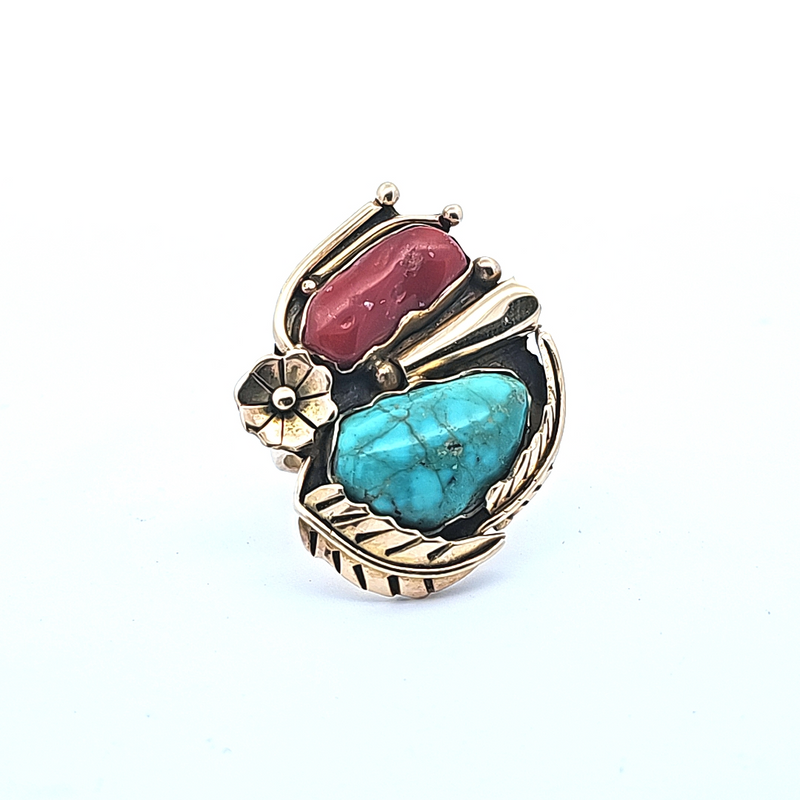 14K YG American Indian Turquoise & Coral Ring