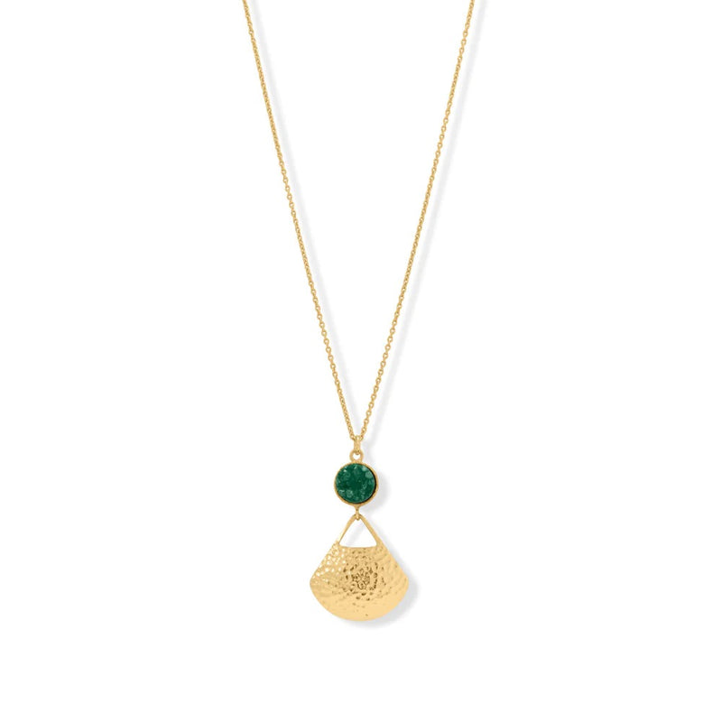 14 Karat Gold Plated Green Druzy and Fan Necklace