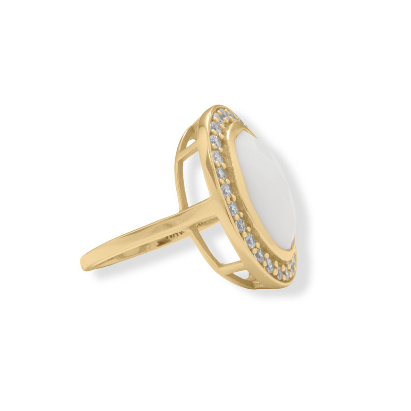 14 Karat Gold Plated White Agate and CZ Cocktail Ring Size 7