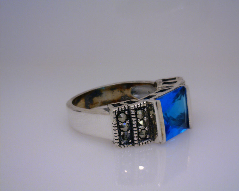 Estate Sterling Silver Marcasite & Blue CZ Ring Size 7