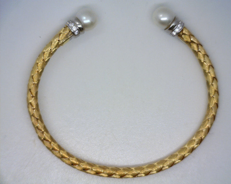 Sterling Silver & Yellow Gold Plated CZ & Freshwater Pearl Cuff Bracelet