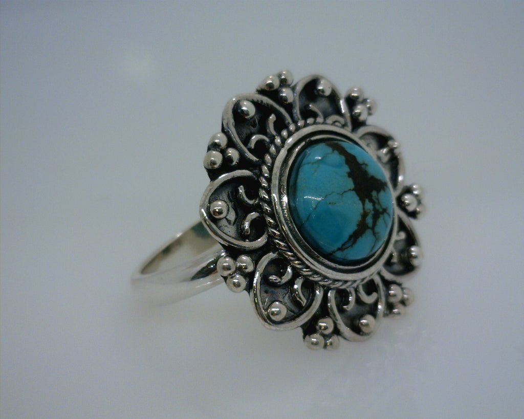 Sterling Silver Turquoise Flower Ring Size 8