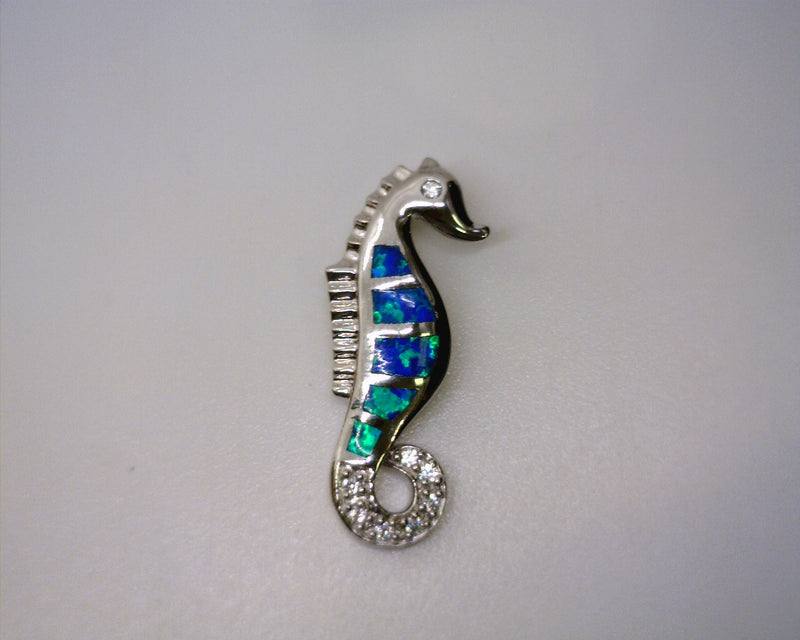 Sterling Silver Synthetic Opal & CZ Seahorse Pendant